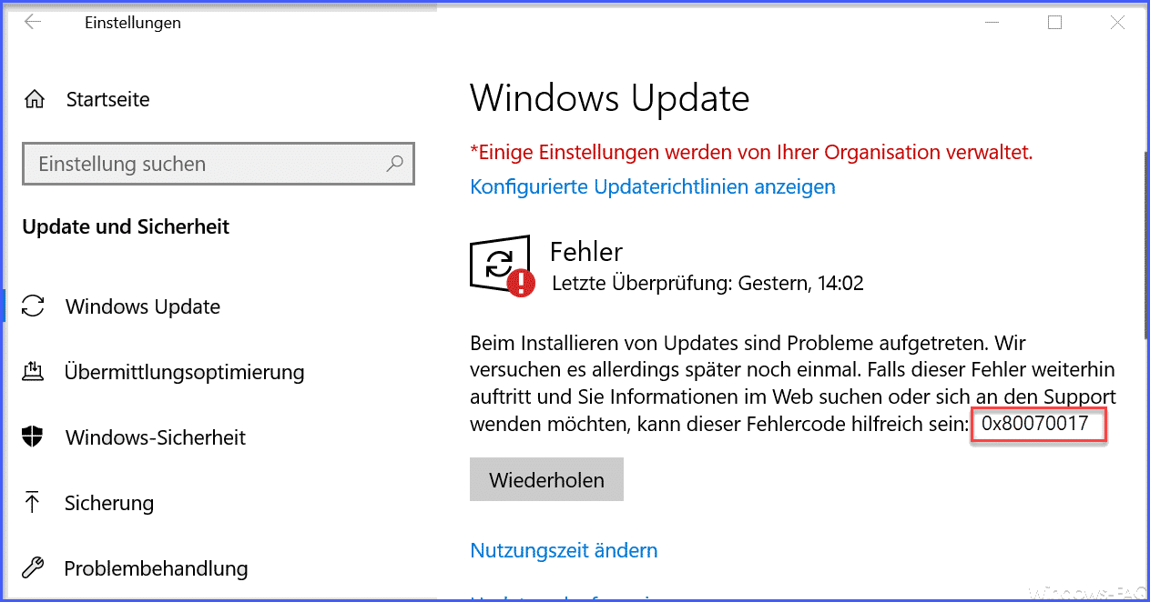 0x80070017 Fehlercode beim Windows Update