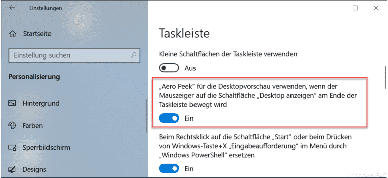 Aero Peek für die Desktopvorschau aktivieren bei Windows 10
