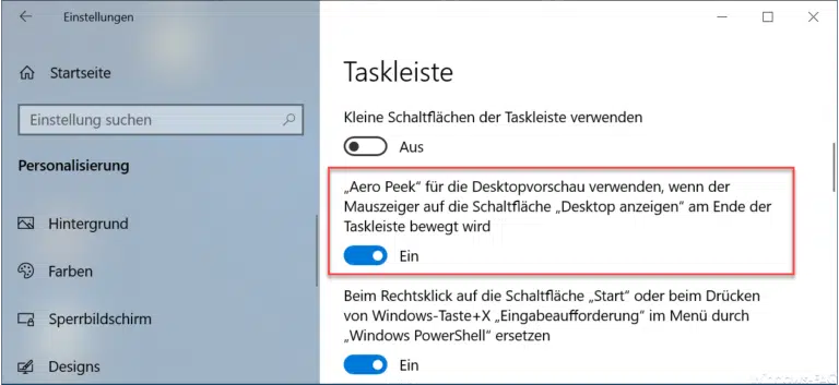 Aero Peek für die Desktopvorschau aktivieren bei Windows 10