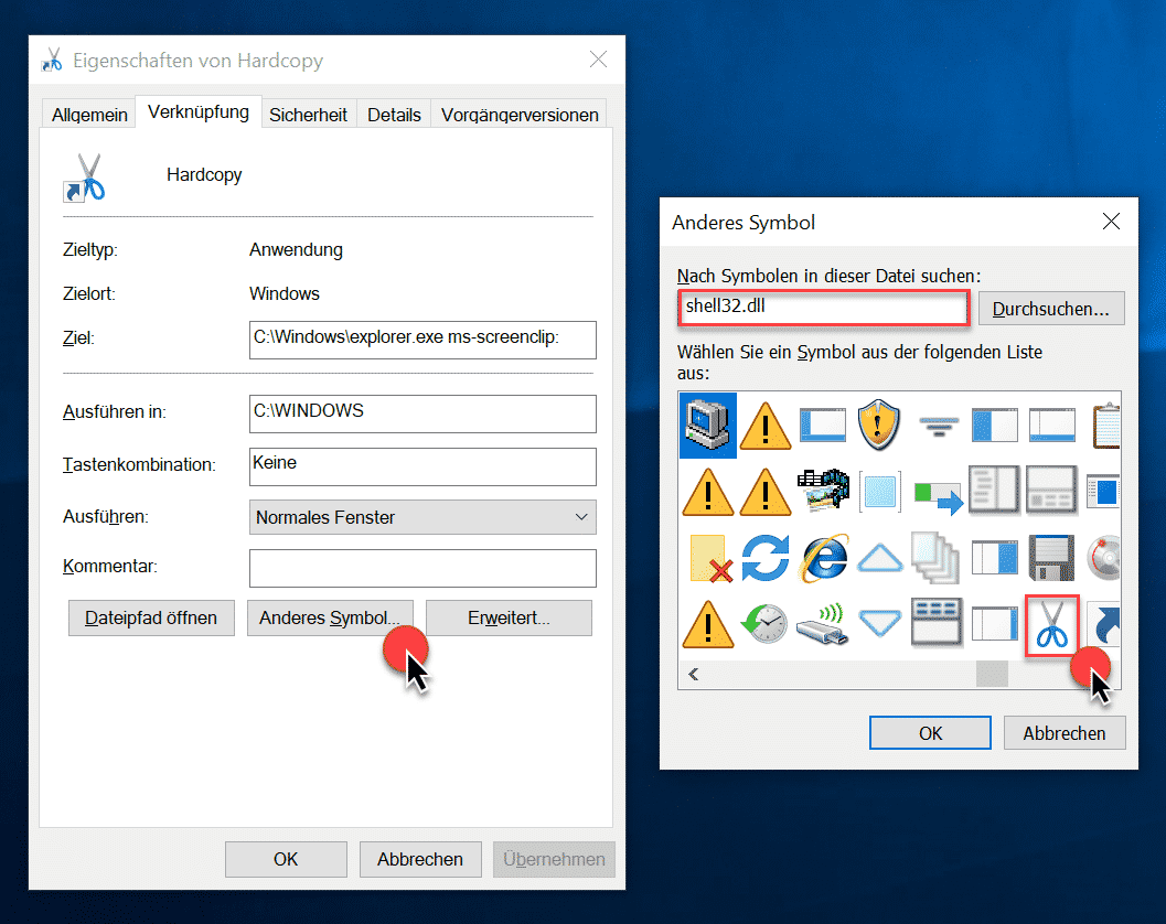 Symbol für das Windows 10 Hardcopy Programm „Ausschneiden und Skizzieren“ zur Taskleiste hinzufügen