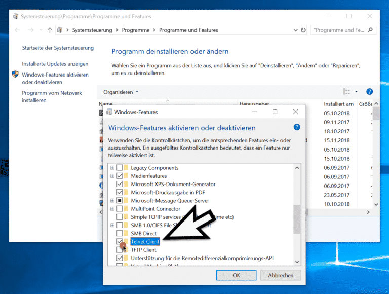 Telnet bei Windows 10 installieren