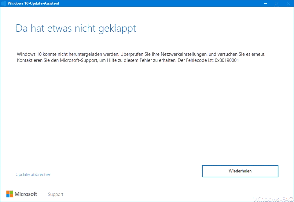 Windows 10 Upgrade Fehlercode 0x80190001
