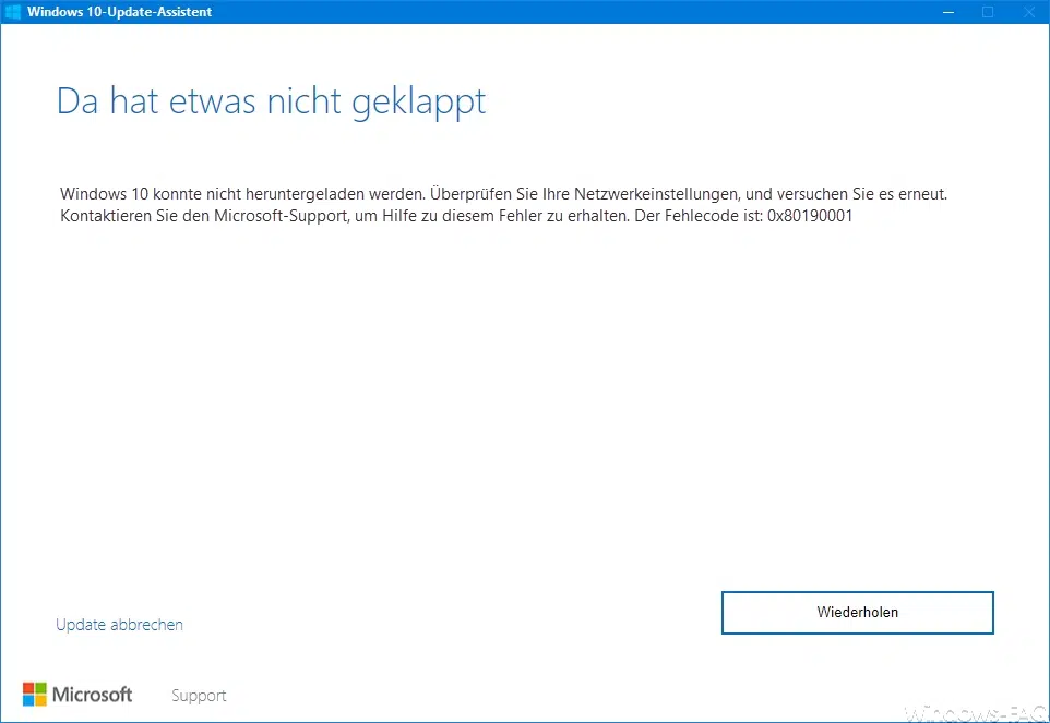 Windows 10 Upgrade Fehlercode 0x80190001