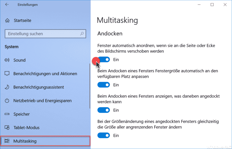 Automatisches Andocken von Fenstern deaktivieren bei Windows 10