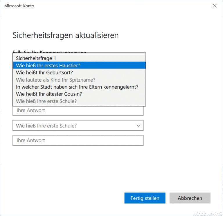 Kennwort Sicherheitsfragen erstellen oder ändern bei Windows 10