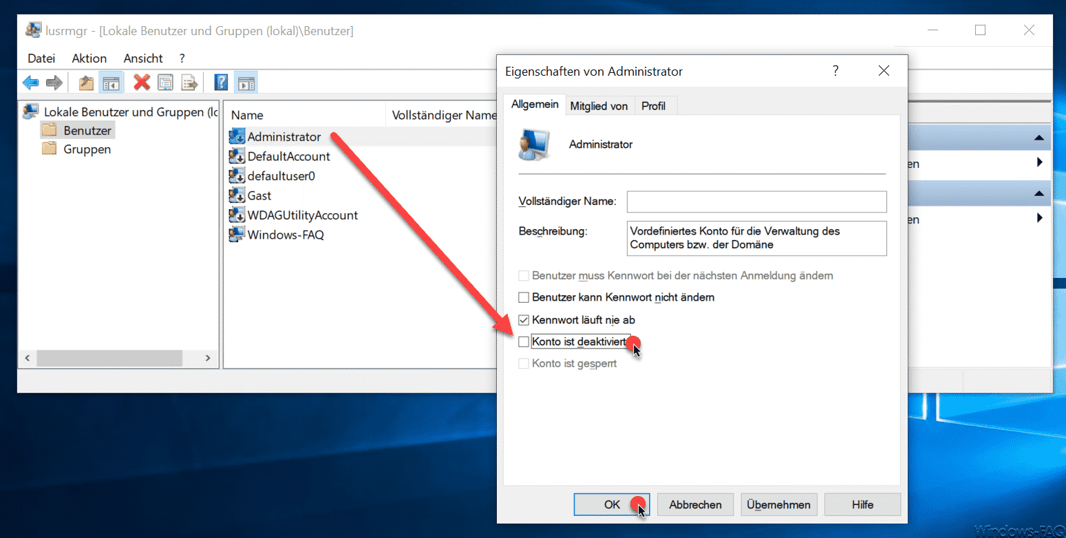 Standard Windows 10 Administrator Konto aktivieren nach Neuinstallation