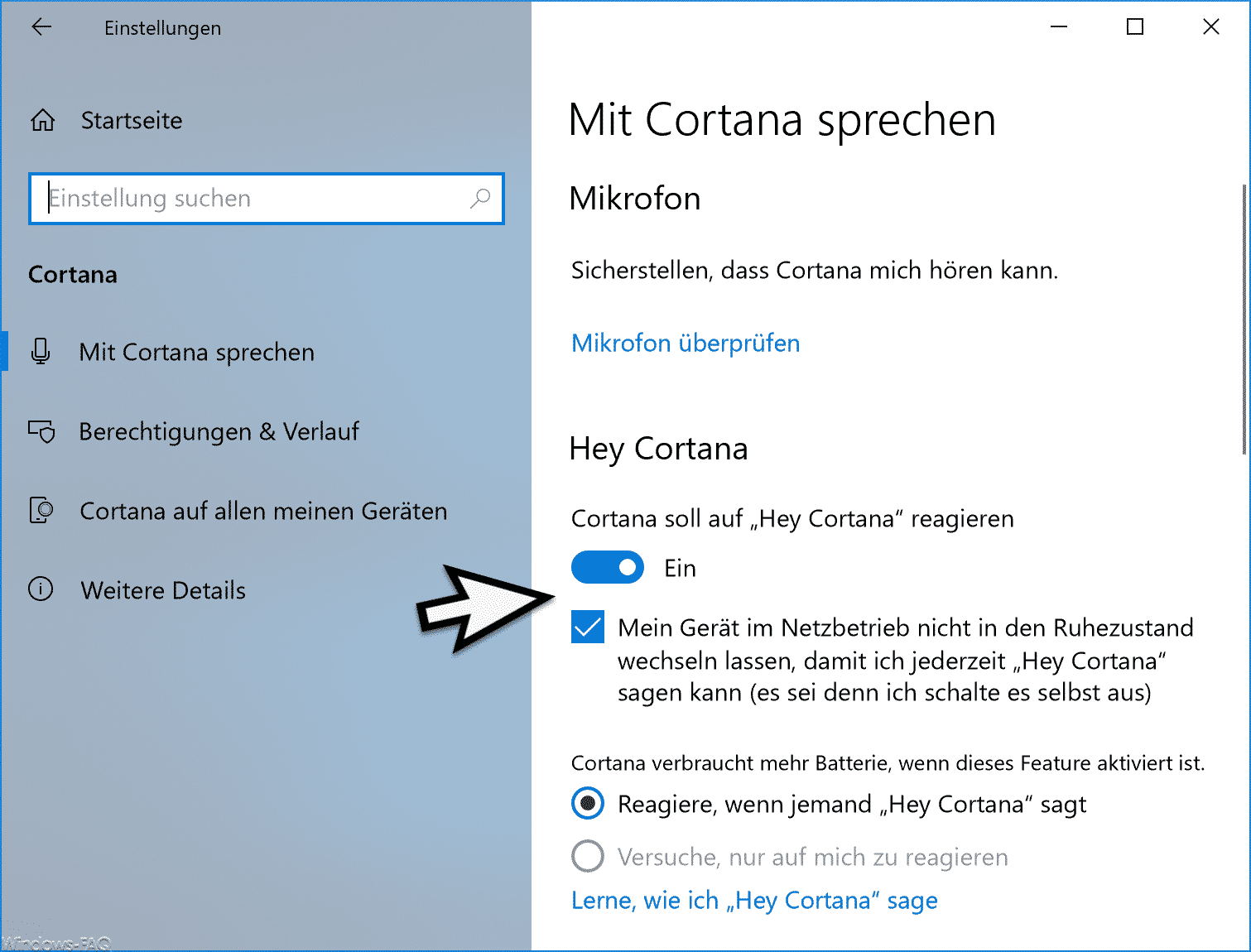 „Hey Cortana“ aktivieren bzw. deaktivieren