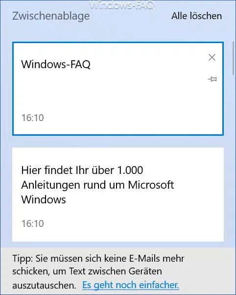 Inhalt der Windows Zwischenablage einsehen mit der Tastenkombination Windows-Taste + „V“
