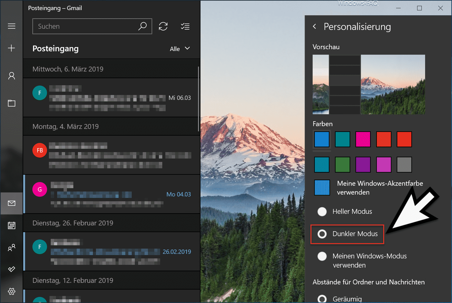 Dunkler Modus bei der Windows 10 Mail App aktivieren