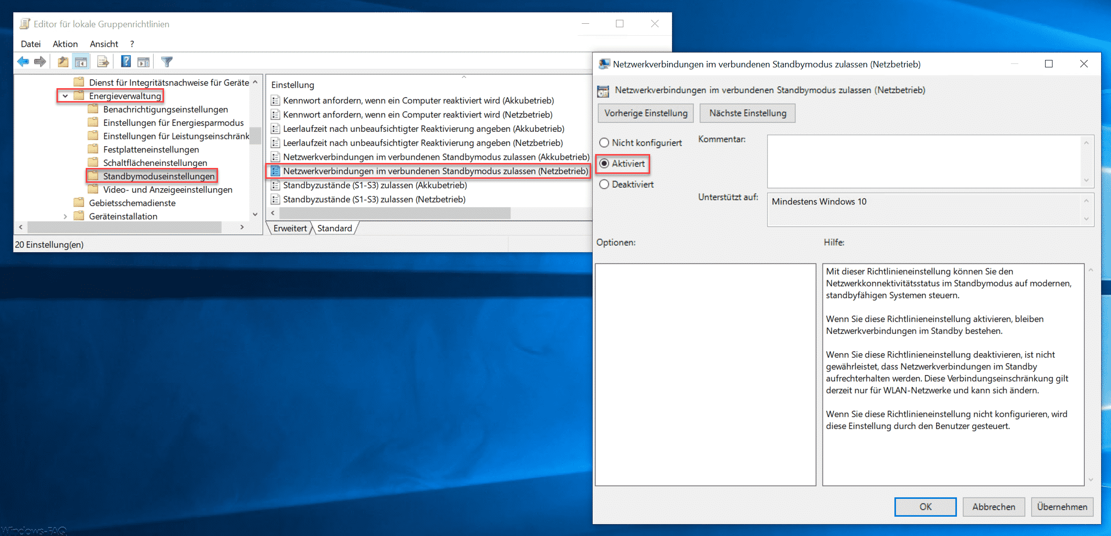 Netzwerkverbindungen im Standby nicht trennen bei Windows