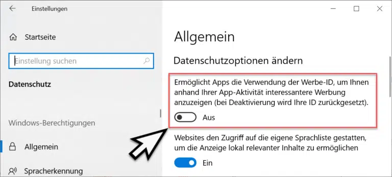 Windows 10 Werbe-ID deaktivieren (Datenschutz Einstellungen)