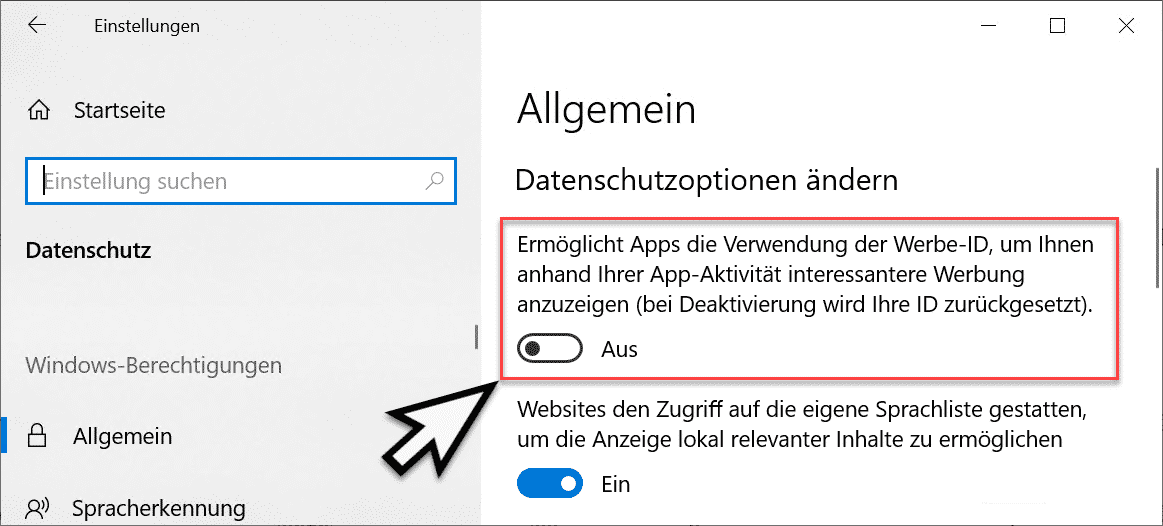 Windows 10 Werbe-ID deaktivieren (Datenschutz Einstellungen)