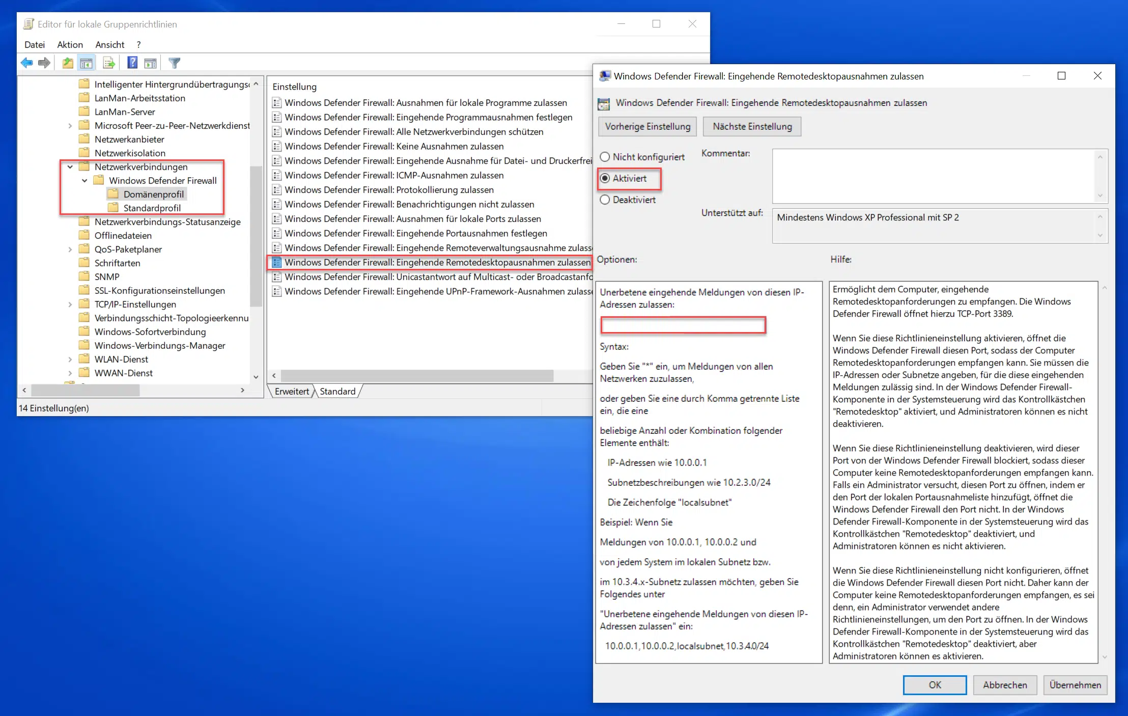 Windows Firewall eingehende Remotedesktop Anfragen zulassen per GPO