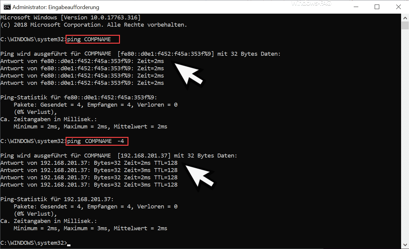 Mit Ping die IPv4 und IPv6 Adresse abfragen