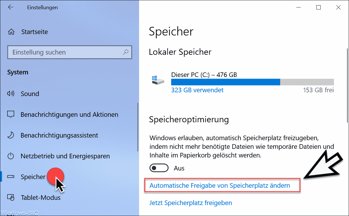 Automatische Freigabe von Speicherplatz Windows 10