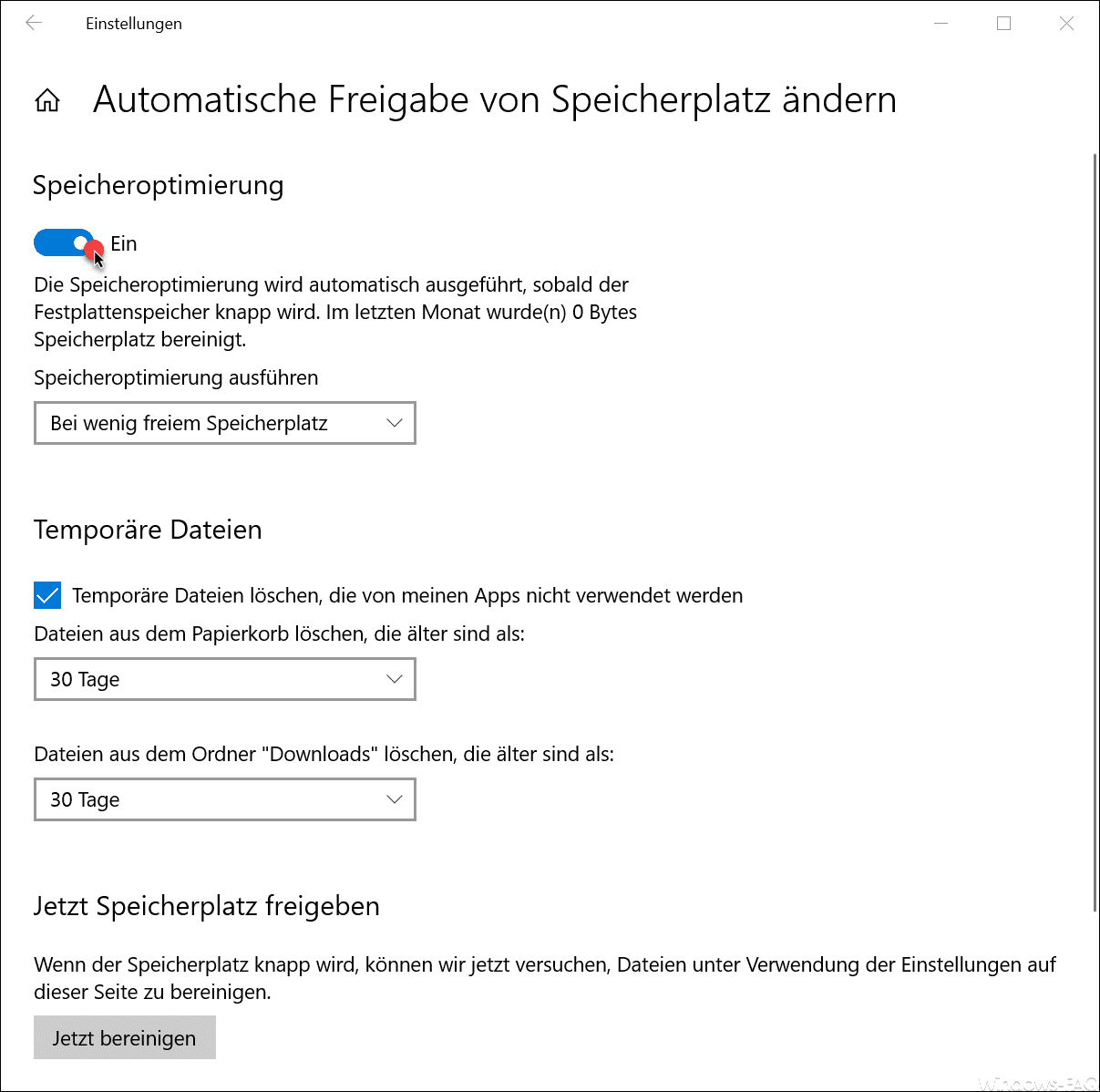 Automatische Freigabe von Speicherplatz bei Windows 10