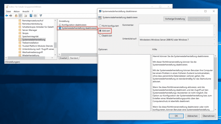 Windows Systemwiederherstellung verhindern bzw. deaktivieren