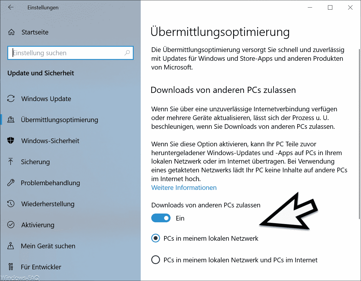 Windows 10 Updates und Downloads von anderen PCs im Netzwerk zulassen