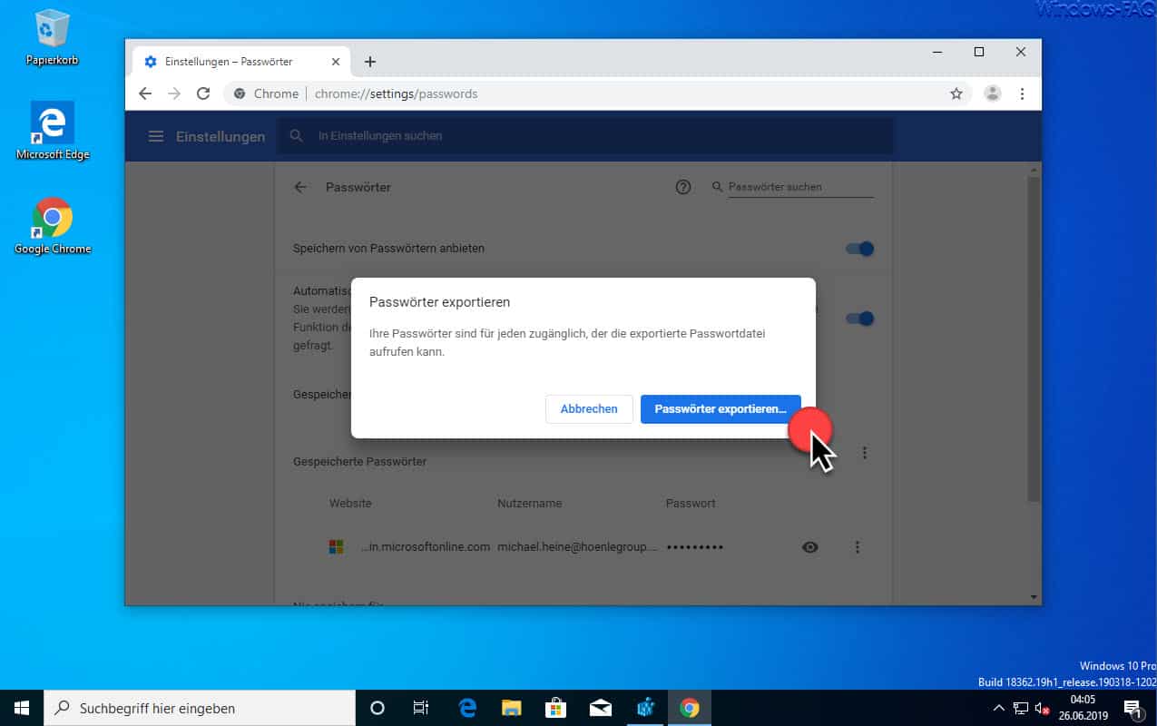 Google Chrome Passwörter exportieren in CSV Datei