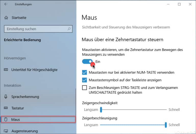 Maus über die Zehnertastatur steuern bei Windows 10