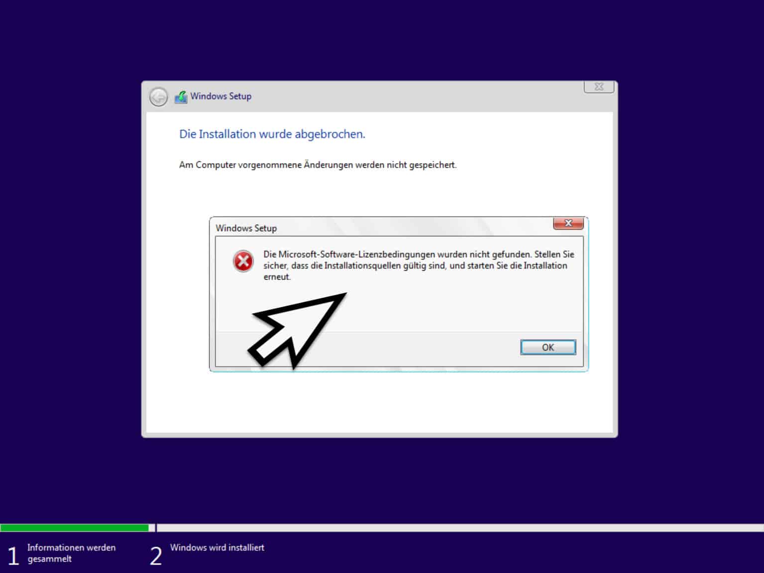 Die Microsoft-Software-Lizenzbedinungen wurden nicht gestartet. Stellen Sie  sicher, dass die Installationsquellen gültig sind, und starten Sie die  Installation erneut. - Windows FAQ