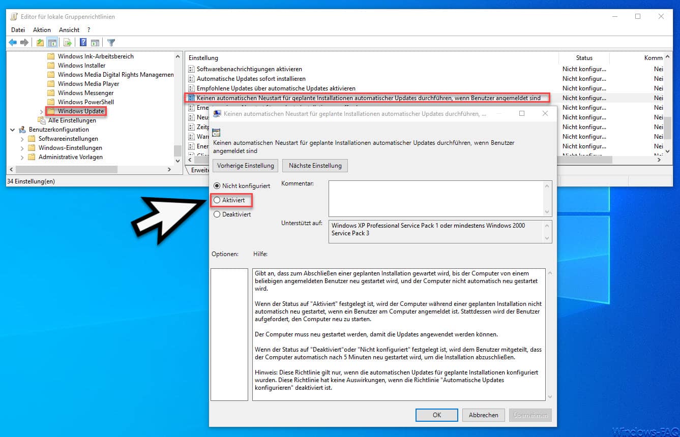 Windows nicht automatisch neu starten wenn ein Benutzer angemeldet ist