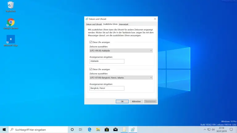 Mehrere Zeitzonen bei der Windows 10 Uhrzeit Anzeige einstellen