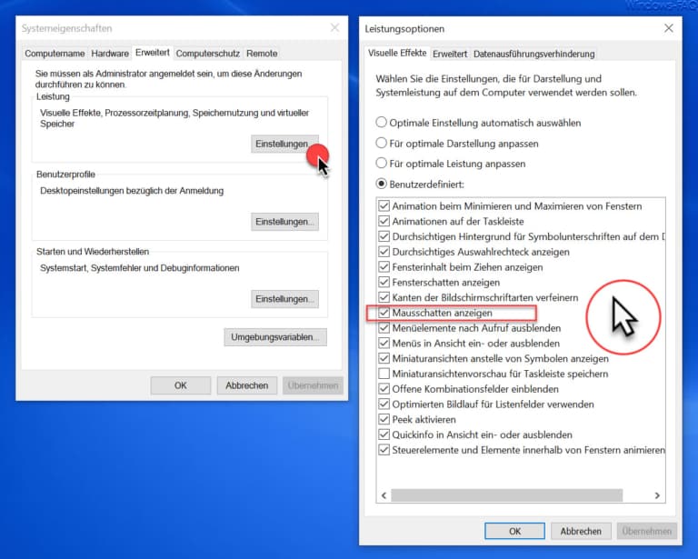 Mausschatten bei Windows aktivieren bzw. deaktivieren