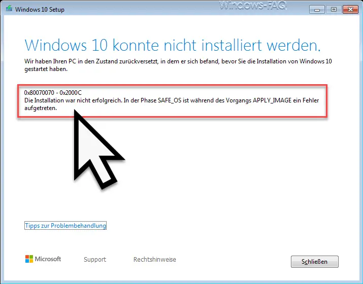 0x80070070 0x2000c – Windows 10 konnte nicht installiert werden (SAFE_OS – APPLY_IMAGE)