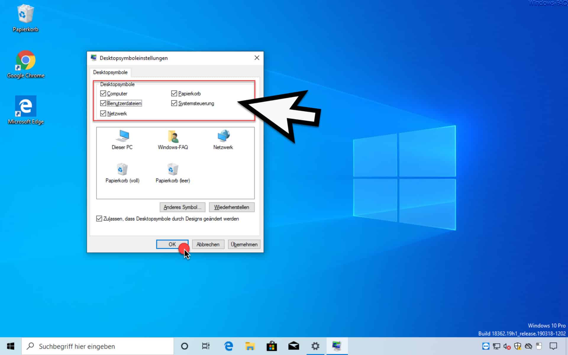 Desktopsymbole Computer, Benutzerdaten, Netzwerk, Papierkorb, Systemsteuerung auf Windows 10 Desktop anzeigen