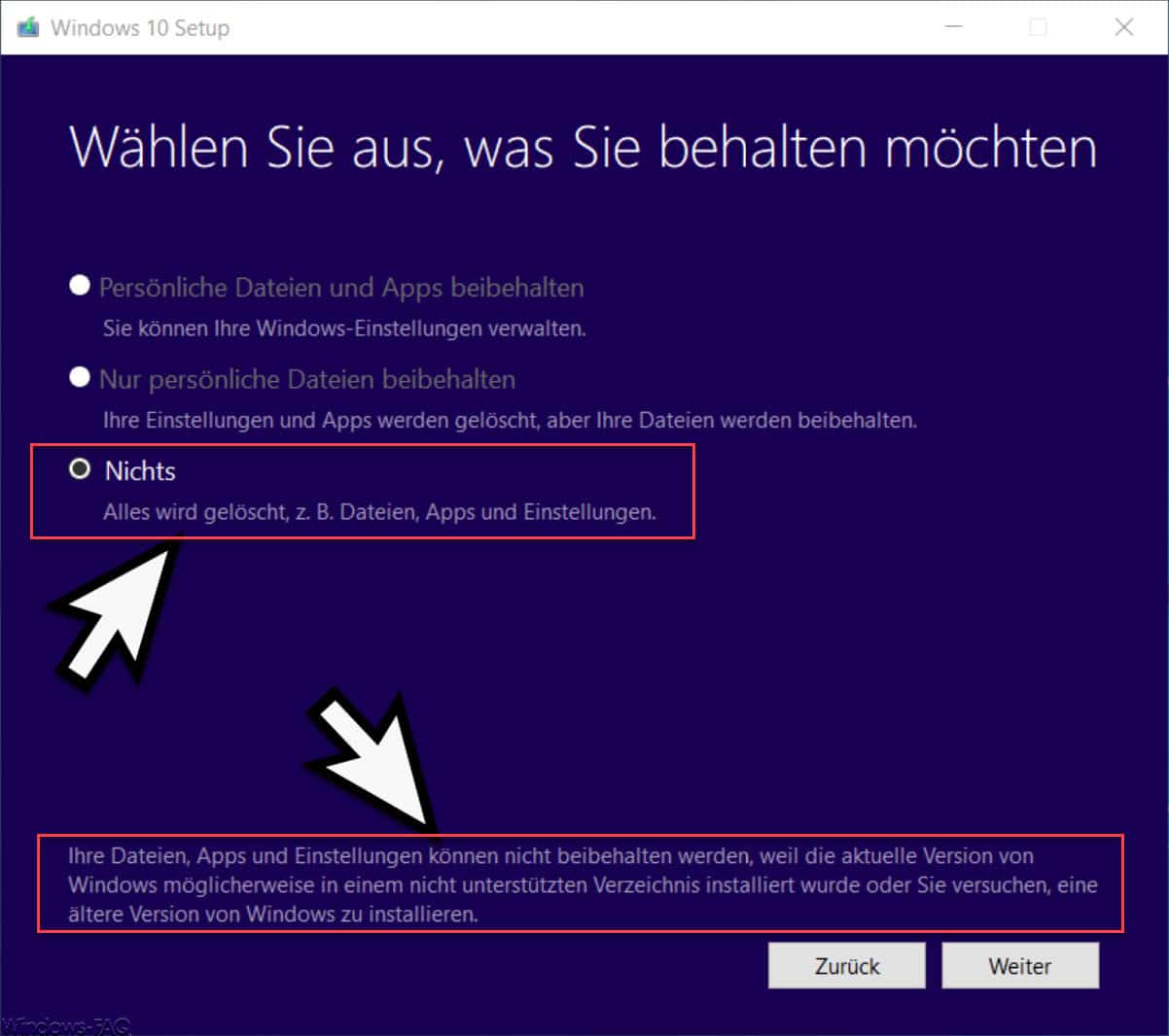 „Windows möglicherweise in einem nicht unterstützten Verzeichnis installiert“ – Fehlermeldung beim Windows Upgrade