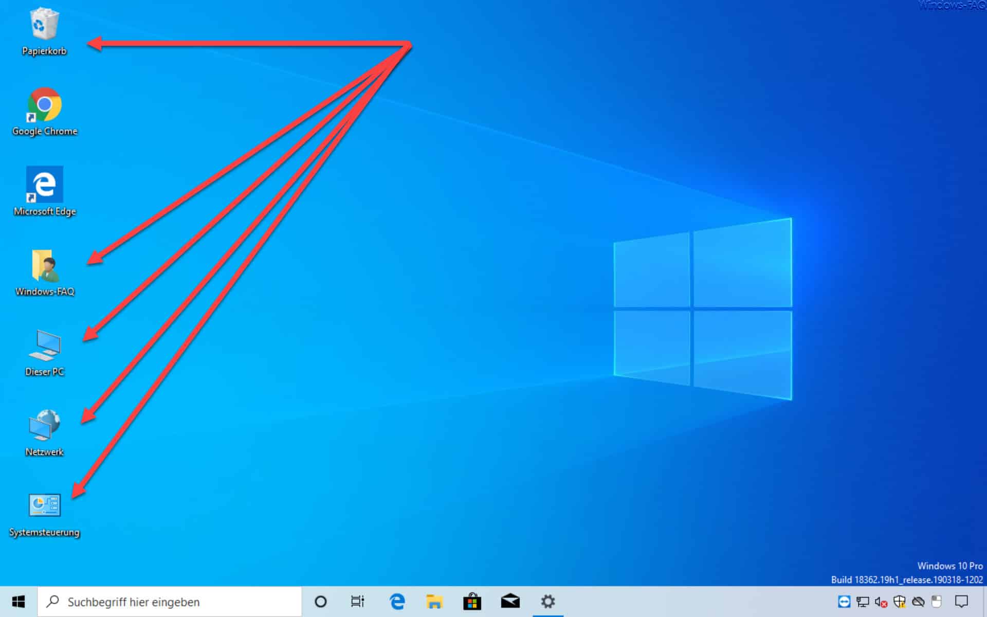 Windows 10 Desktop mit Standard Desktopsymbolen