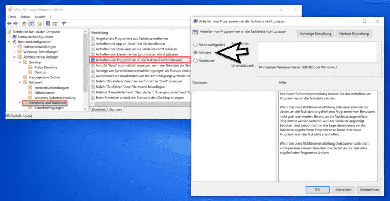 Das Anheften von Programmen an die Windows Taskleiste verhindern