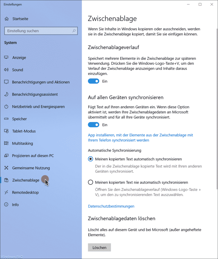 Cloud Zwischenablage bei Windows 10 deaktivieren bzw. konfigurieren