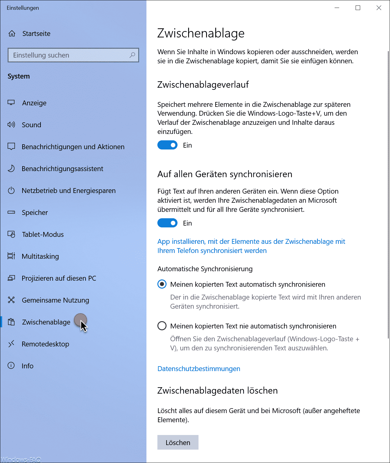 Cloud Zwischenablage bei Windows 10 deaktivieren bzw. konfigurieren