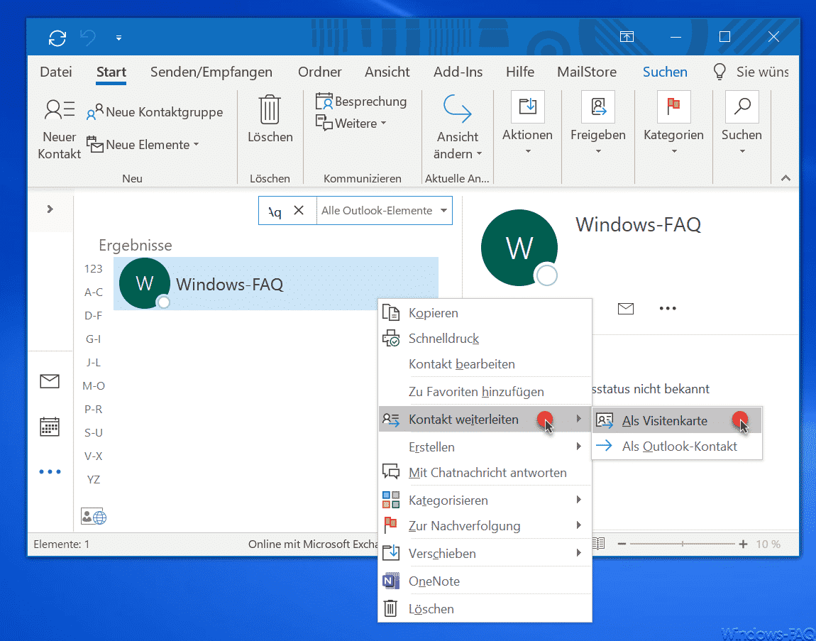 Kontakt als Visitenkarte versenden im Outlook