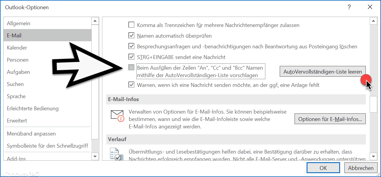 E-Mail Adressvorschläge im Outlook und AutoVervollständigen deaktivieren