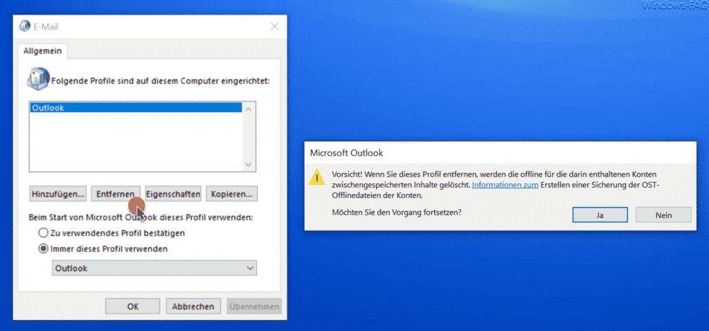 Outlook Profil entfernen