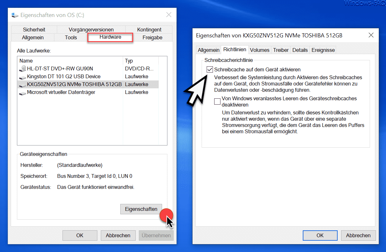 Schreibcache der Festplatte aktivieren bei Windows