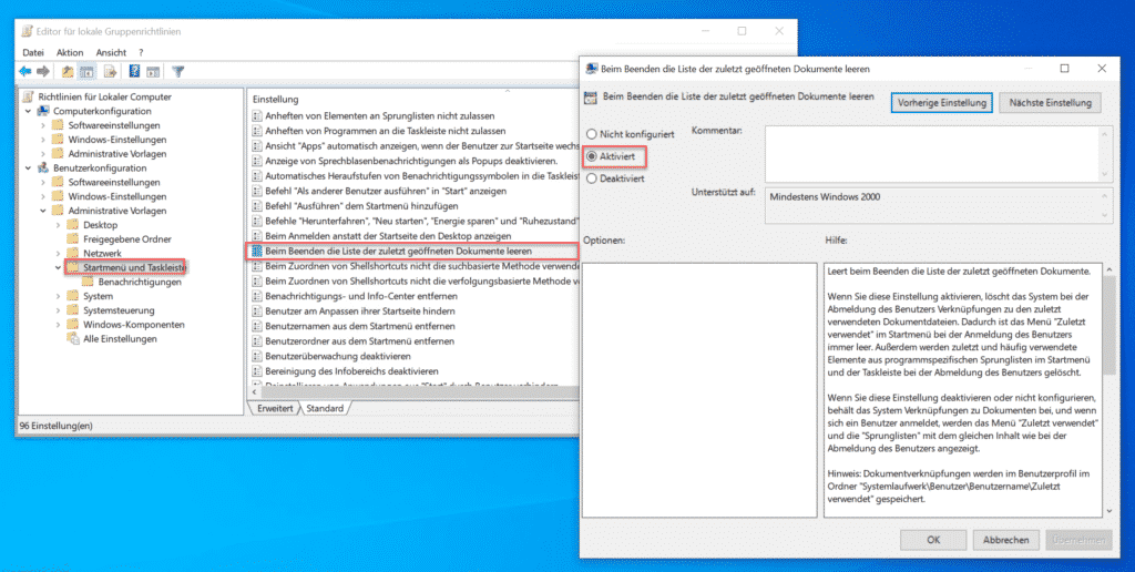 Liste zuletzt verwendeter Dateien in Windows 10 Taskleiste löschen Windows