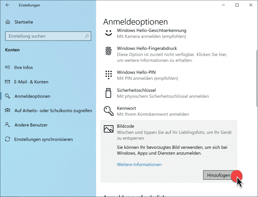 Bildcode einrichten Windows 10