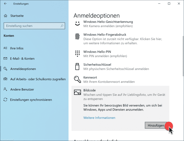 Windows 10 Anmeldung per Bildcode