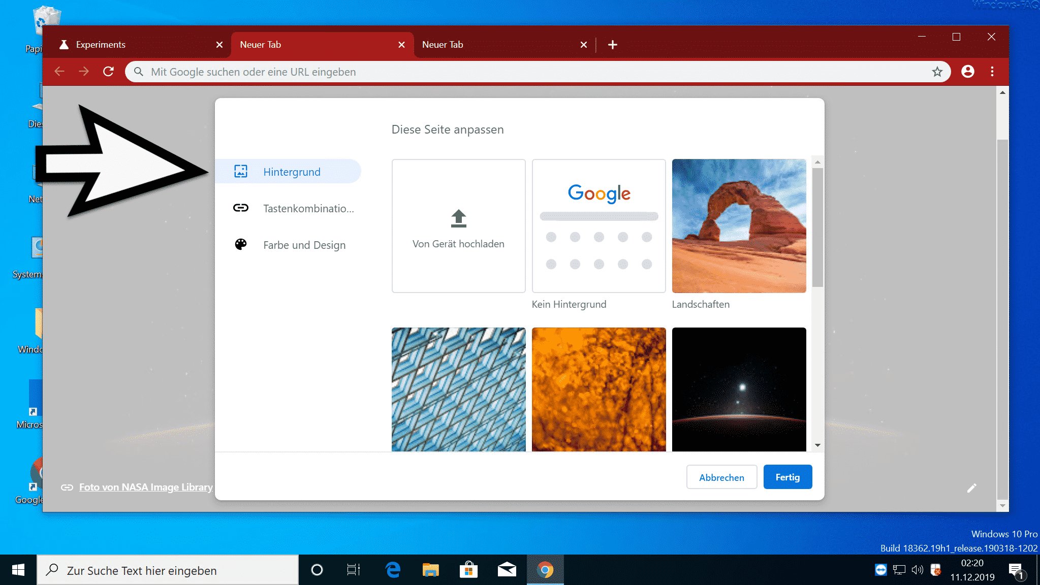 Chrome Hintergrund wählen
