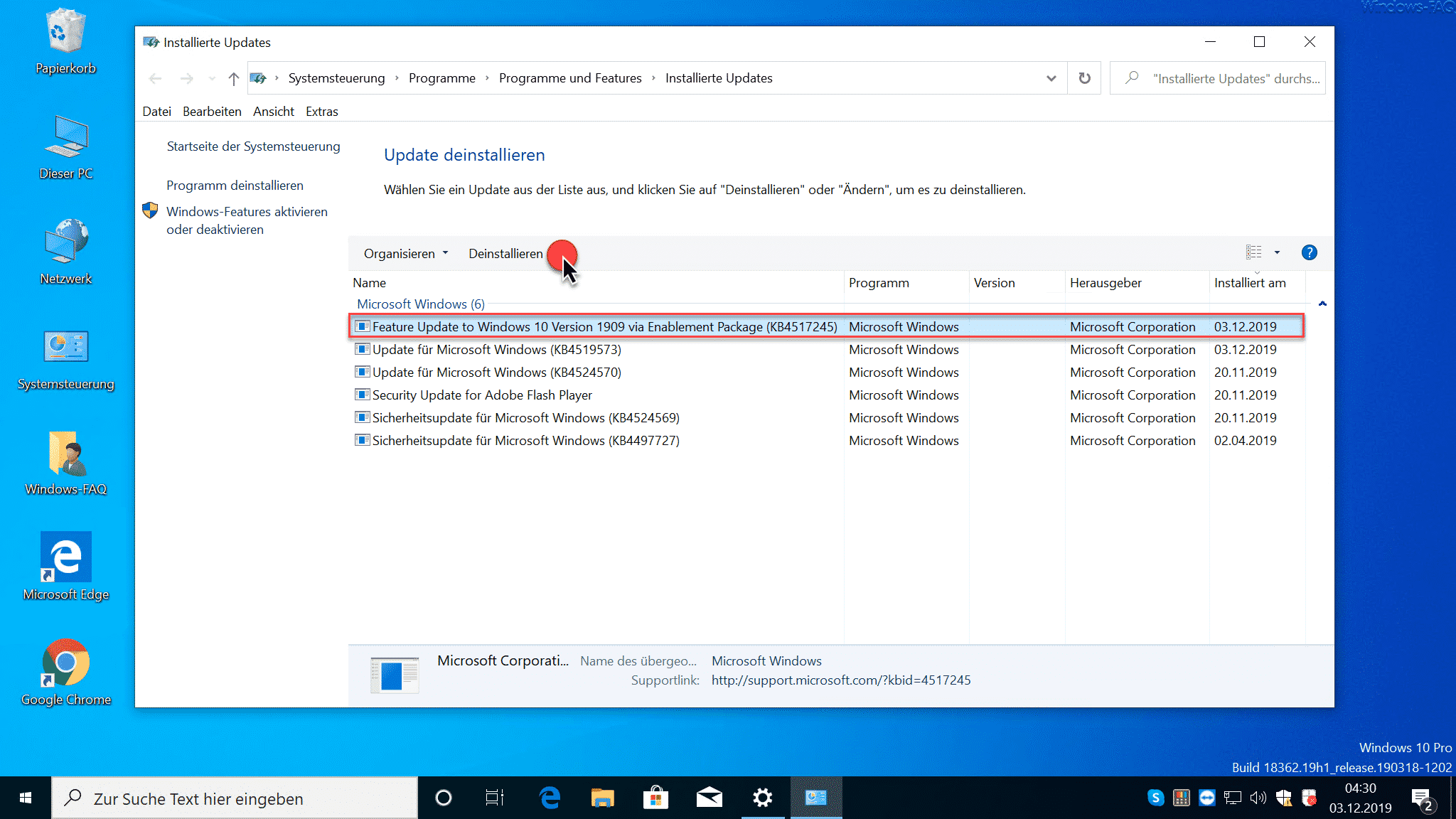Feature Update to Windows 10 Version 1909 KB4517245 deinstallieren