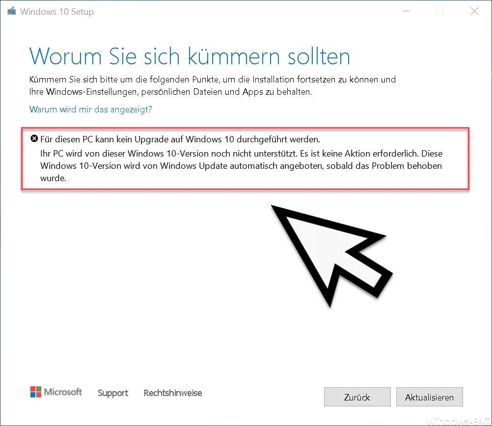 Für diesen PC kann kein Upgrade auf Windows 10 durchgeführt werden – Upgrade Fehlermeldung
