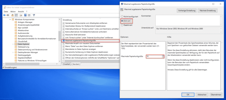 Maximale Größe des Windows Papierkorbs per GPO festlegen