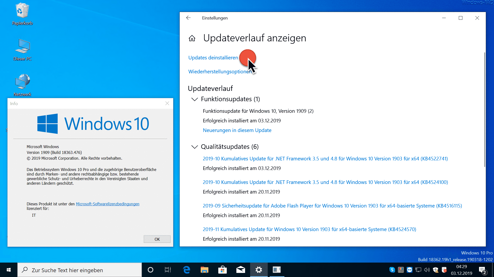 Windows 10 1909 - Updates deinstallieren