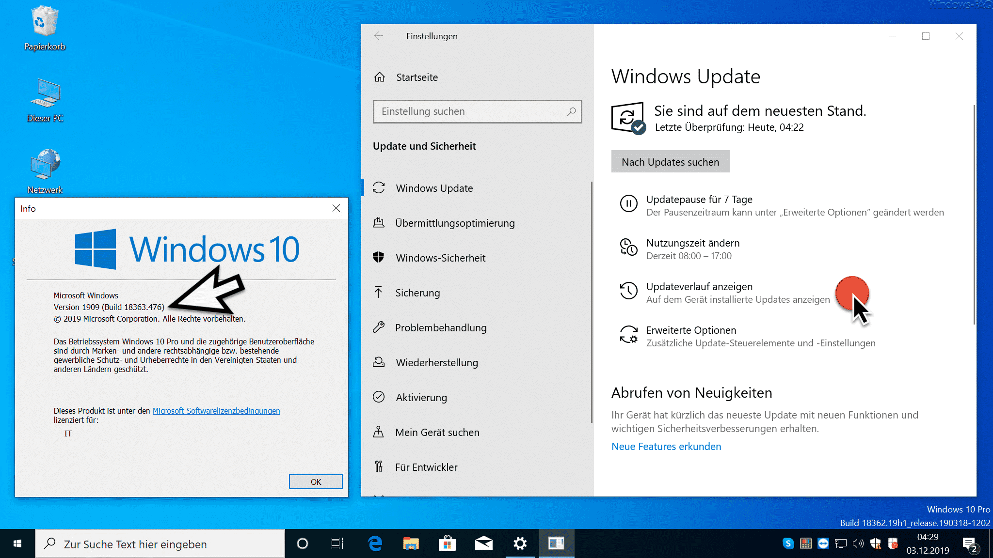 Windows 10 Version 1909 deinstallieren - Updateverlauf
