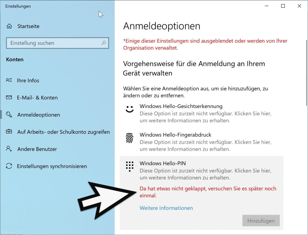 Windows Hello Pin - Da hat etwas nicht geklappt, versuchen Sie es