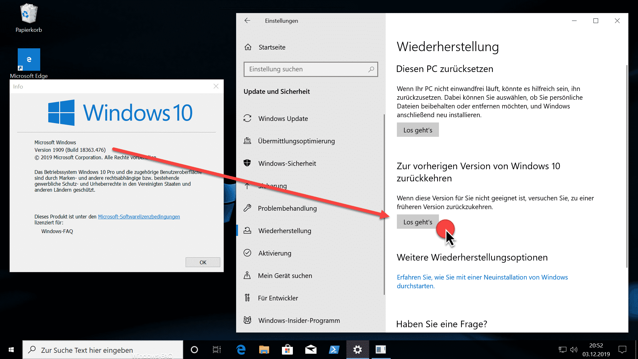 Zur vorherigen Version von Windows 10 zurückkehren